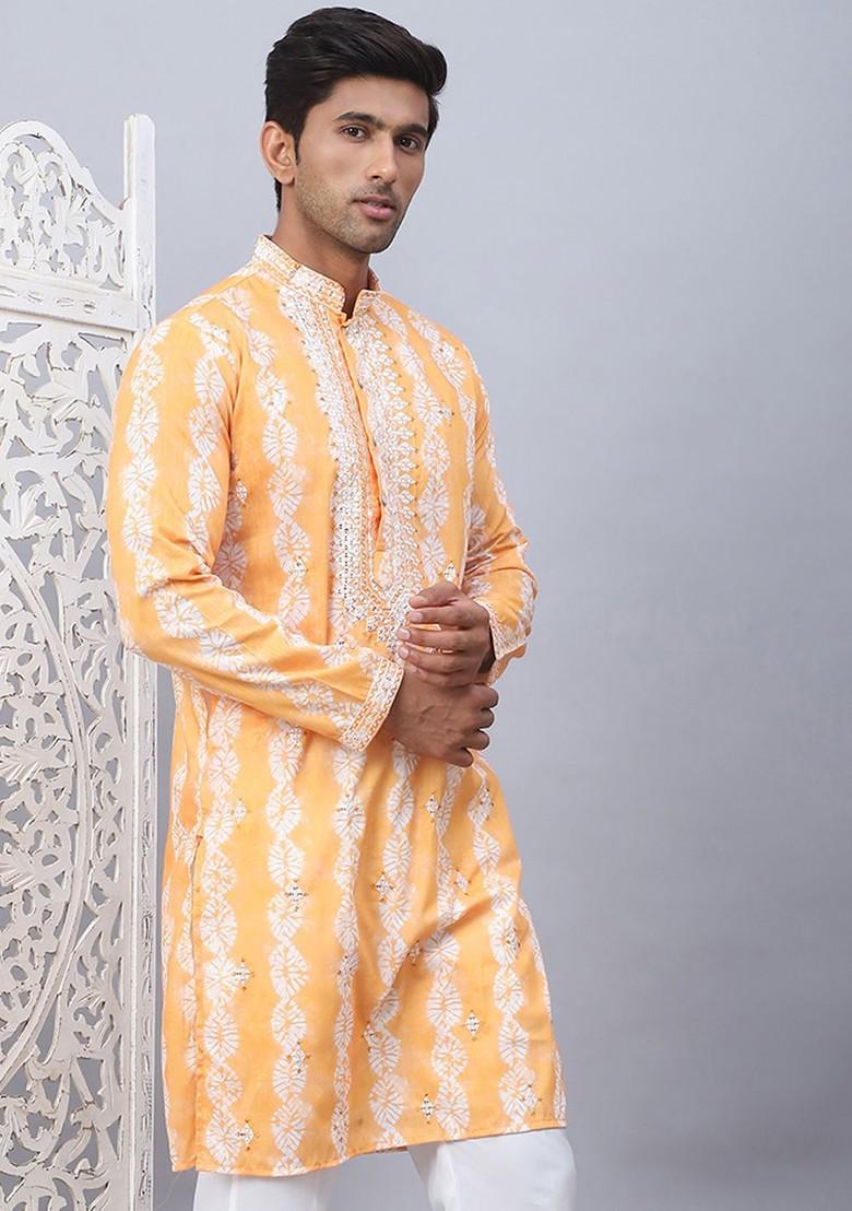 Orange Printed Poly Blend Kurta For Men