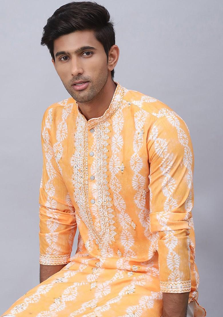 Orange Printed Poly Blend Kurta For Men