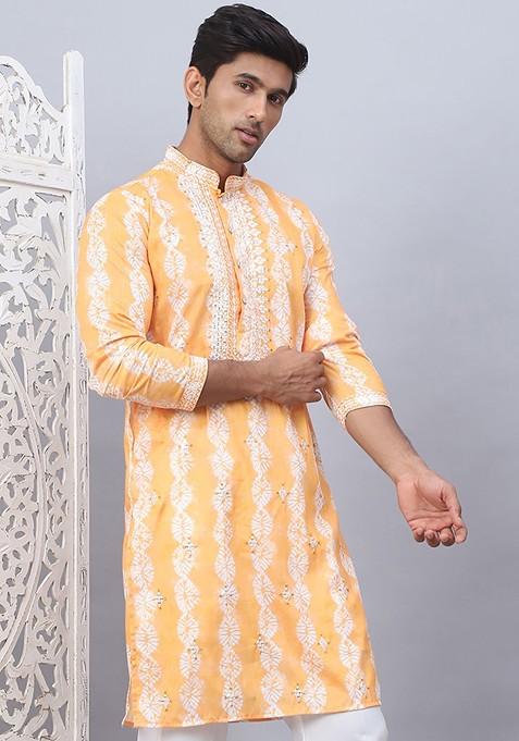 Orange Printed Poly Blend Kurta For Men — view on Indya