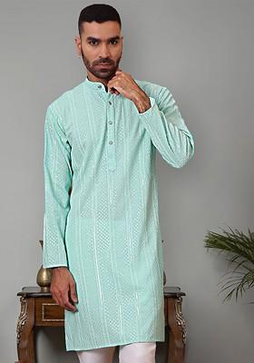 Turquoise Blue Embroidered Poly Blend Kurta For Men