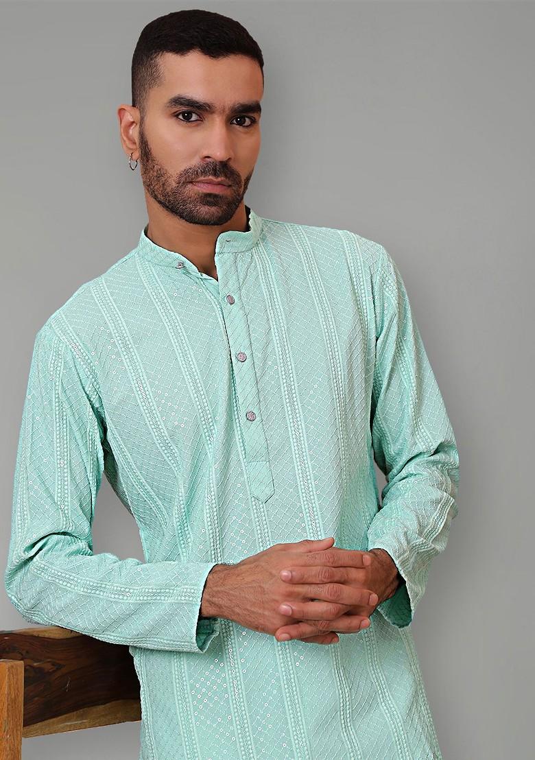 Turquoise Blue Embroidered Poly Blend Kurta For Men