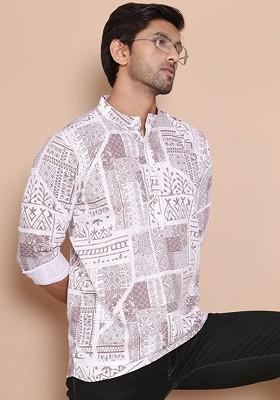 Brown Embroidered Poly Blend Kurta For Men