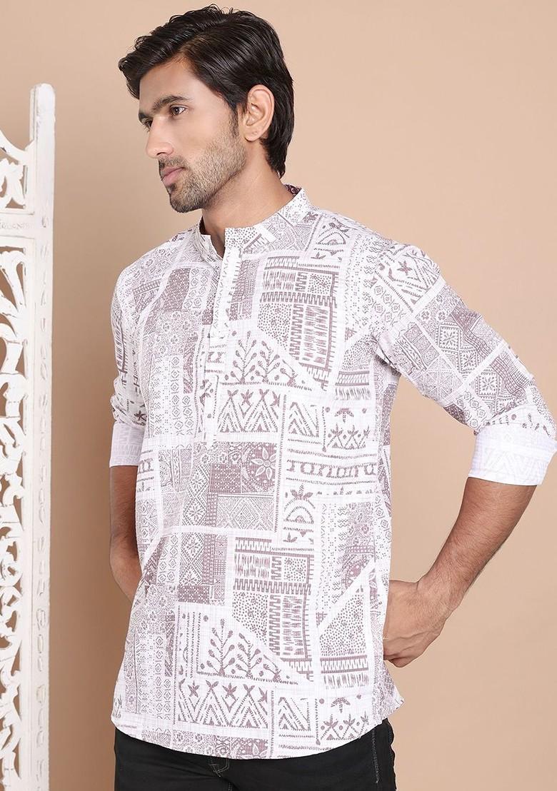 Brown Embroidered Poly Blend Kurta For Men