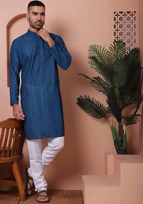 Teal Blue Embroidered Poly Blend Kurta For Men