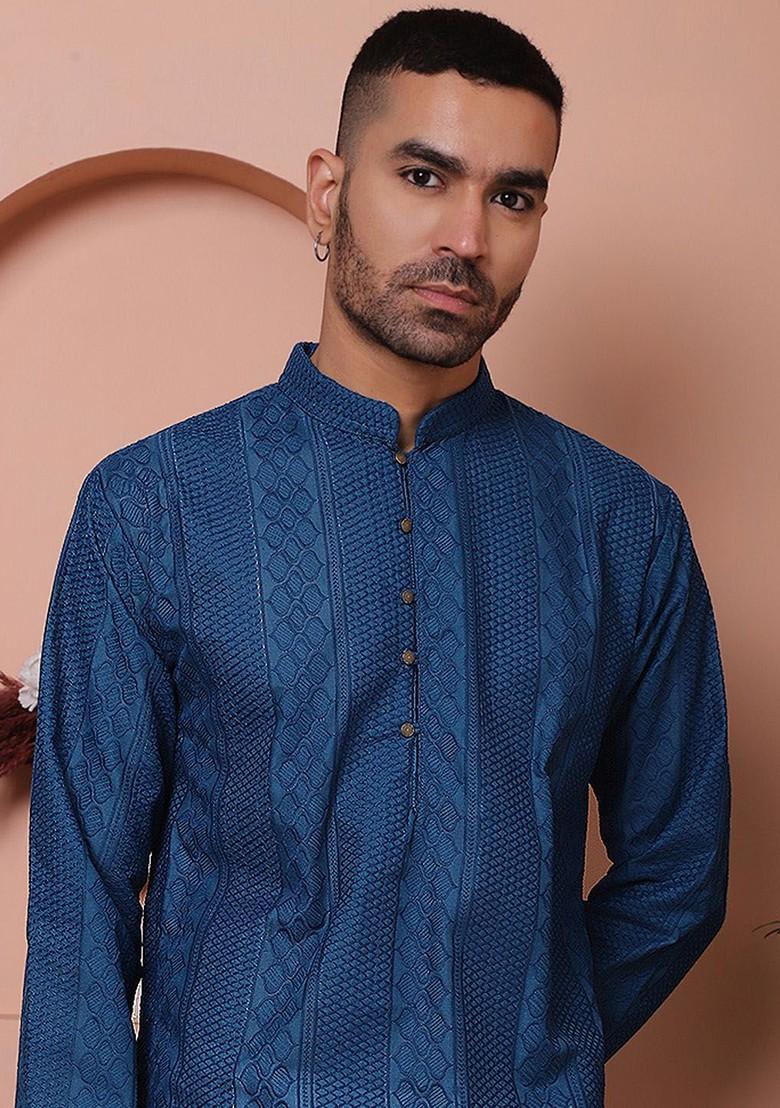 Teal Blue Embroidered Poly Blend Kurta For Men