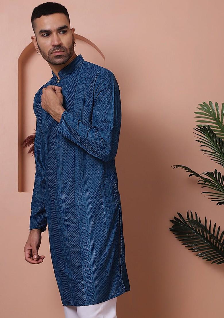 Teal Blue Embroidered Poly Blend Kurta For Men