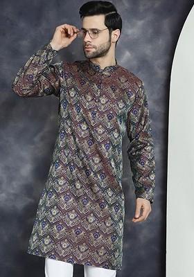 Brown Woven Design Poly Blend Kurta For Men