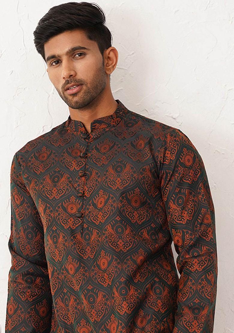 Green Printed Poly Blend Kurta For Men