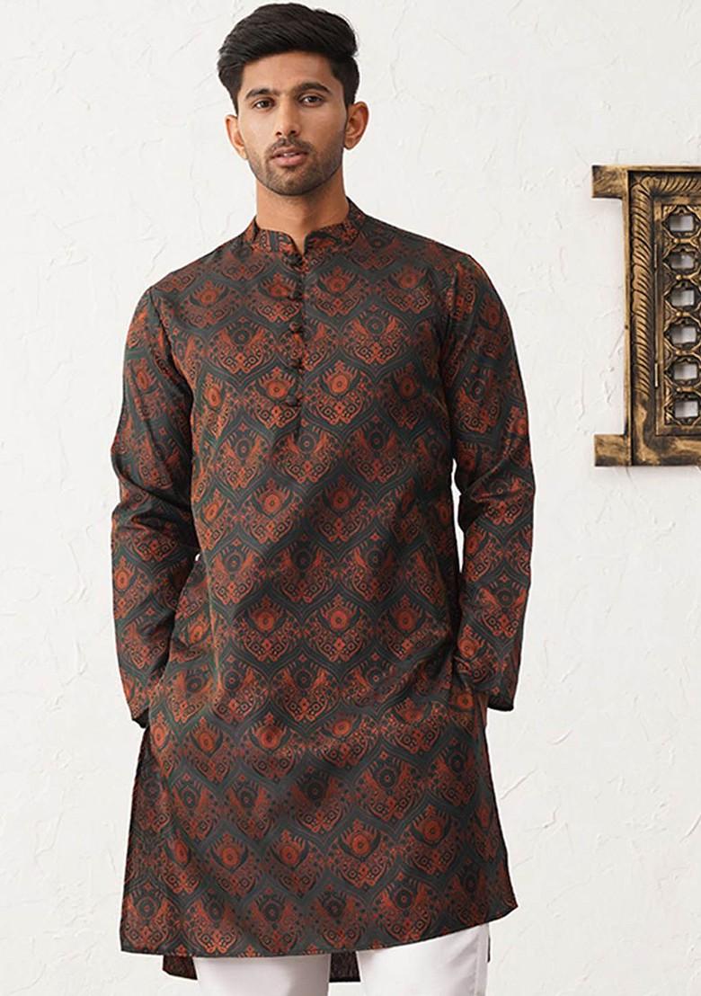 Green Printed Poly Blend Kurta For Men
