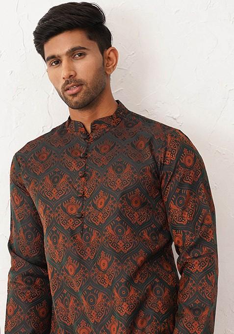 Green Printed Poly Blend Kurta For Men
