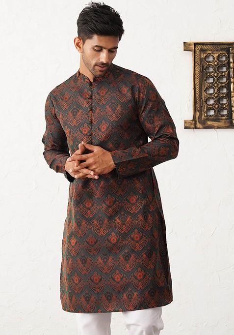 Green Printed Poly Blend Kurta For Men