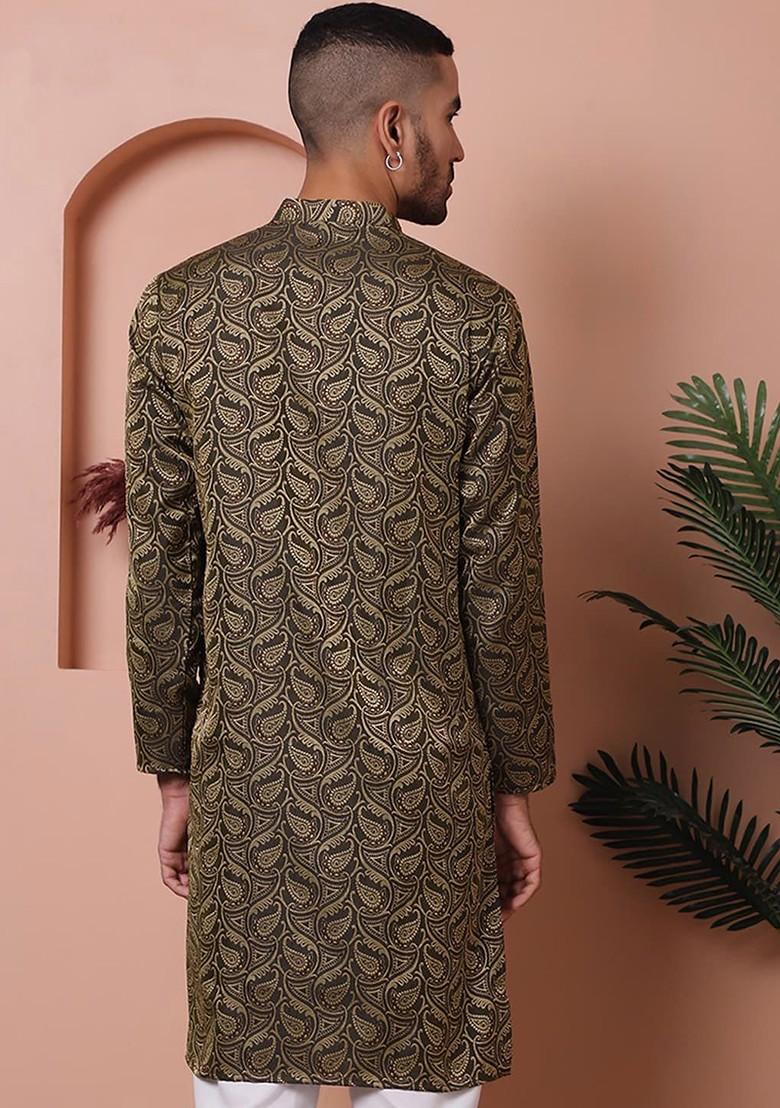 Black Printed Poly Blend Kurta For Men