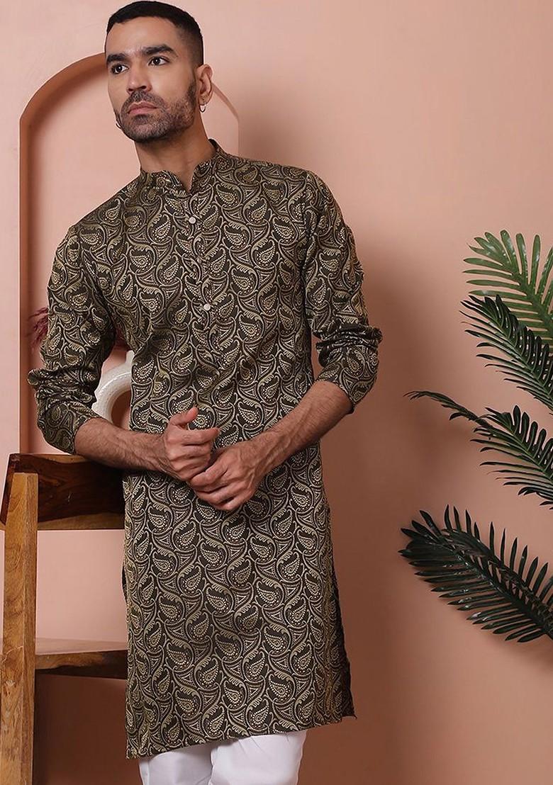 Black Printed Poly Blend Kurta For Men