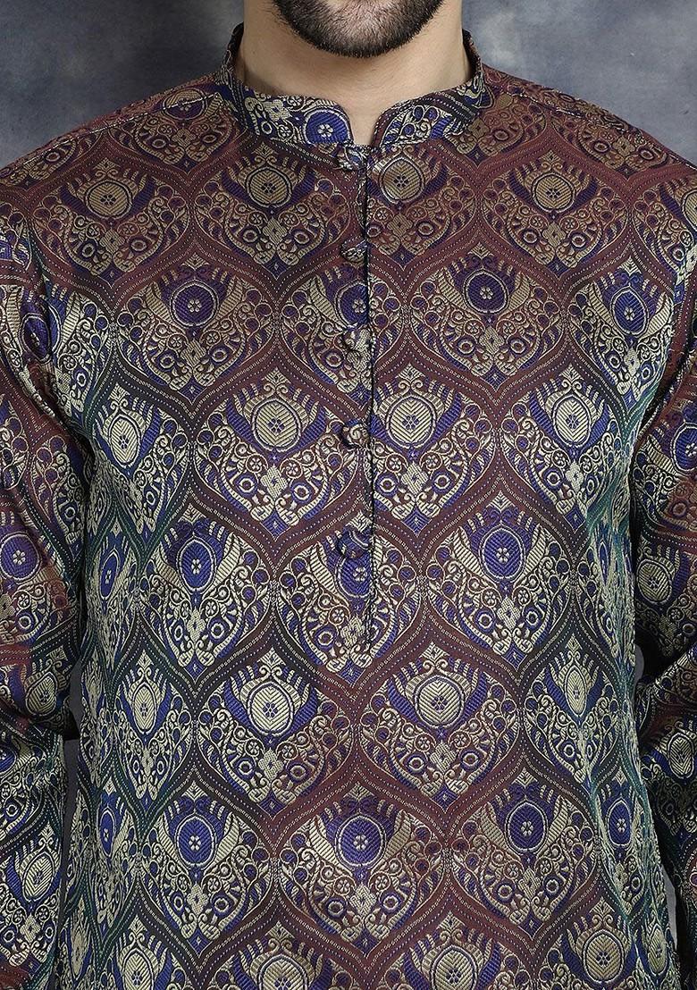 Purple Woven Design Poly Blend Kurta For Men