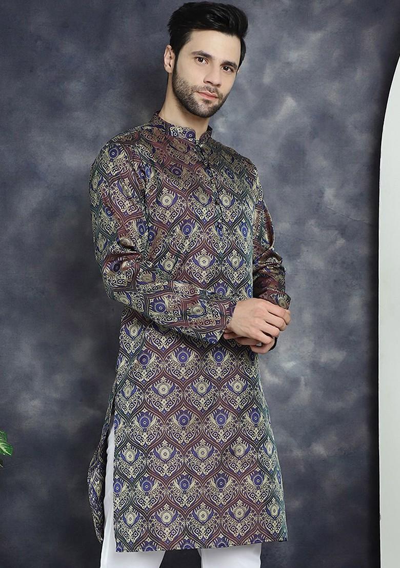 Purple Woven Design Poly Blend Kurta For Men