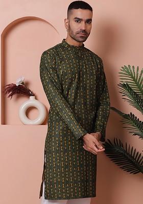 Olive Printed Poly Blend Kurta For Men