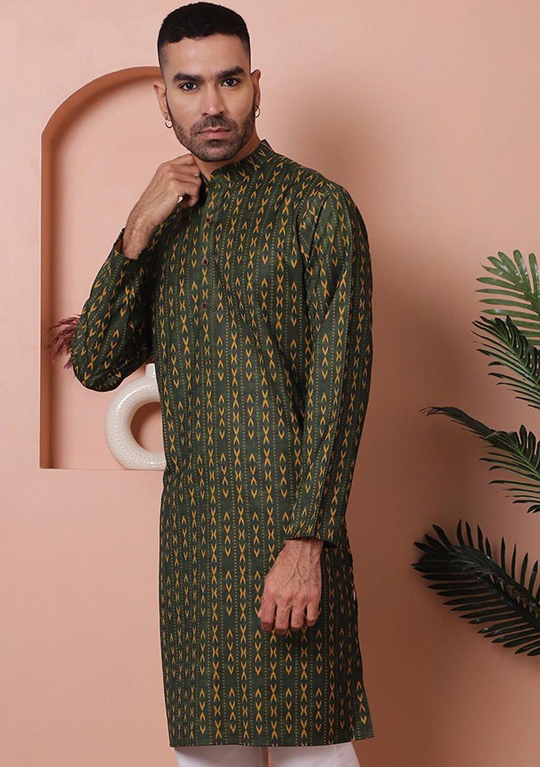 Olive Printed Poly Blend Kurta For Men