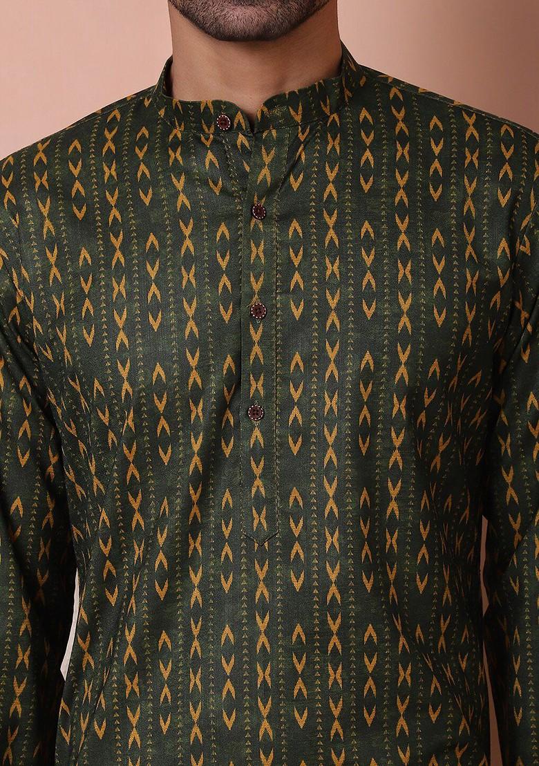 Olive Printed Poly Blend Kurta For Men