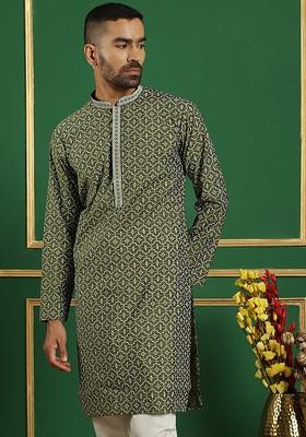 Olive Printed Poly Blend Kurta For Men