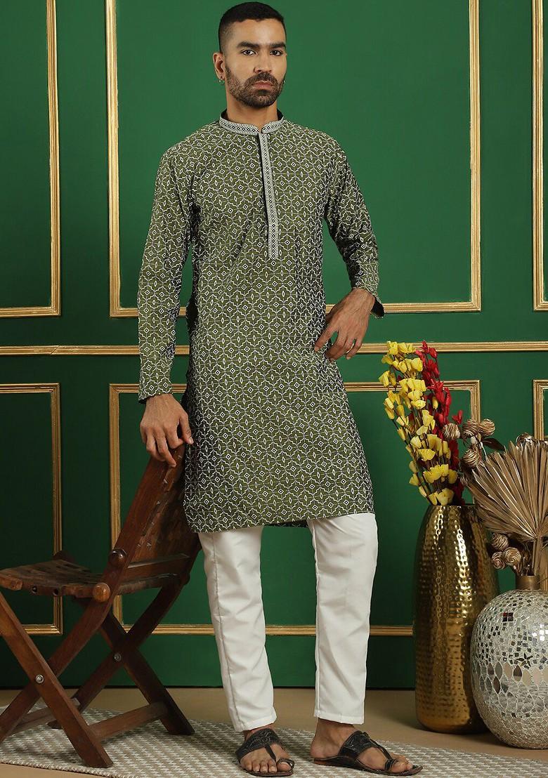 Olive Printed Poly Blend Kurta For Men