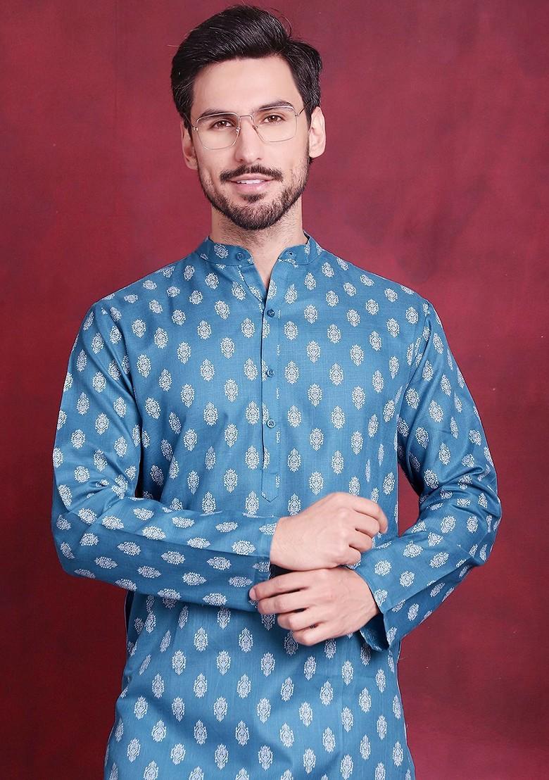 Teal Blue Printed Poly Blend Kurta For Men