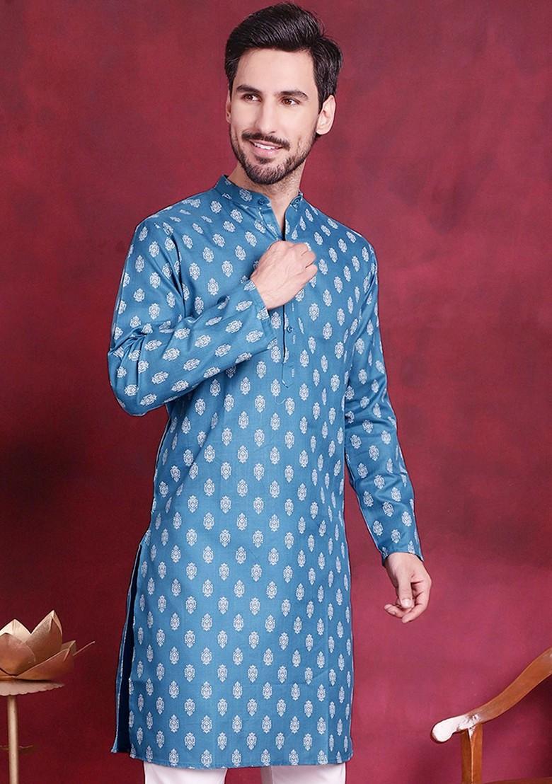 Teal Blue Printed Poly Blend Kurta For Men