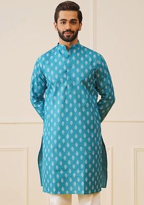 Teal Blue Printed Poly Blend Kurta For Men