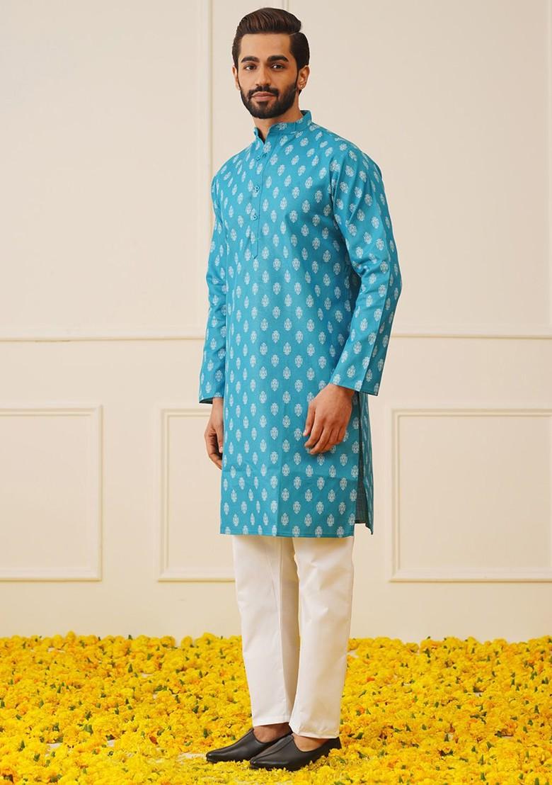 Teal Blue Printed Poly Blend Kurta For Men
