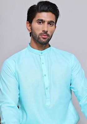 Turquoise Blue Embroidered Poly Blend Kurta For Men