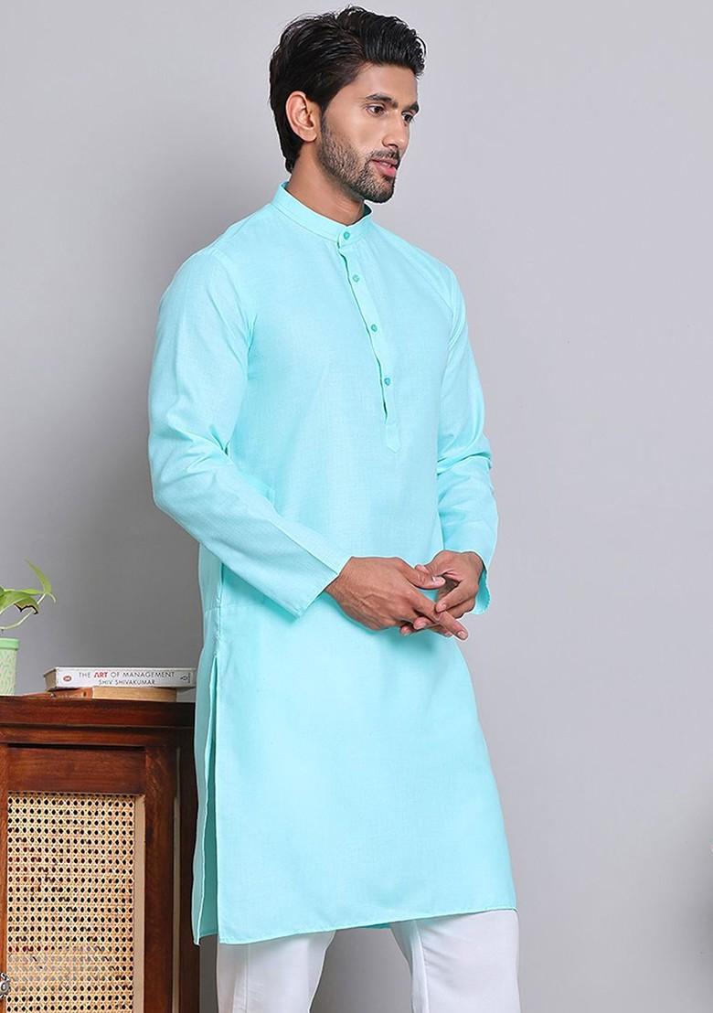 Turquoise Blue Embroidered Poly Blend Kurta For Men