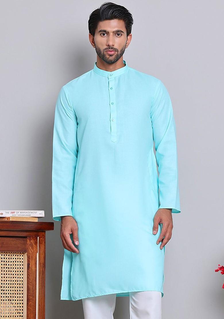 Turquoise Blue Embroidered Poly Blend Kurta For Men