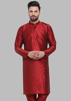 Maroon Embroidered Poly Blend Kurta For Men