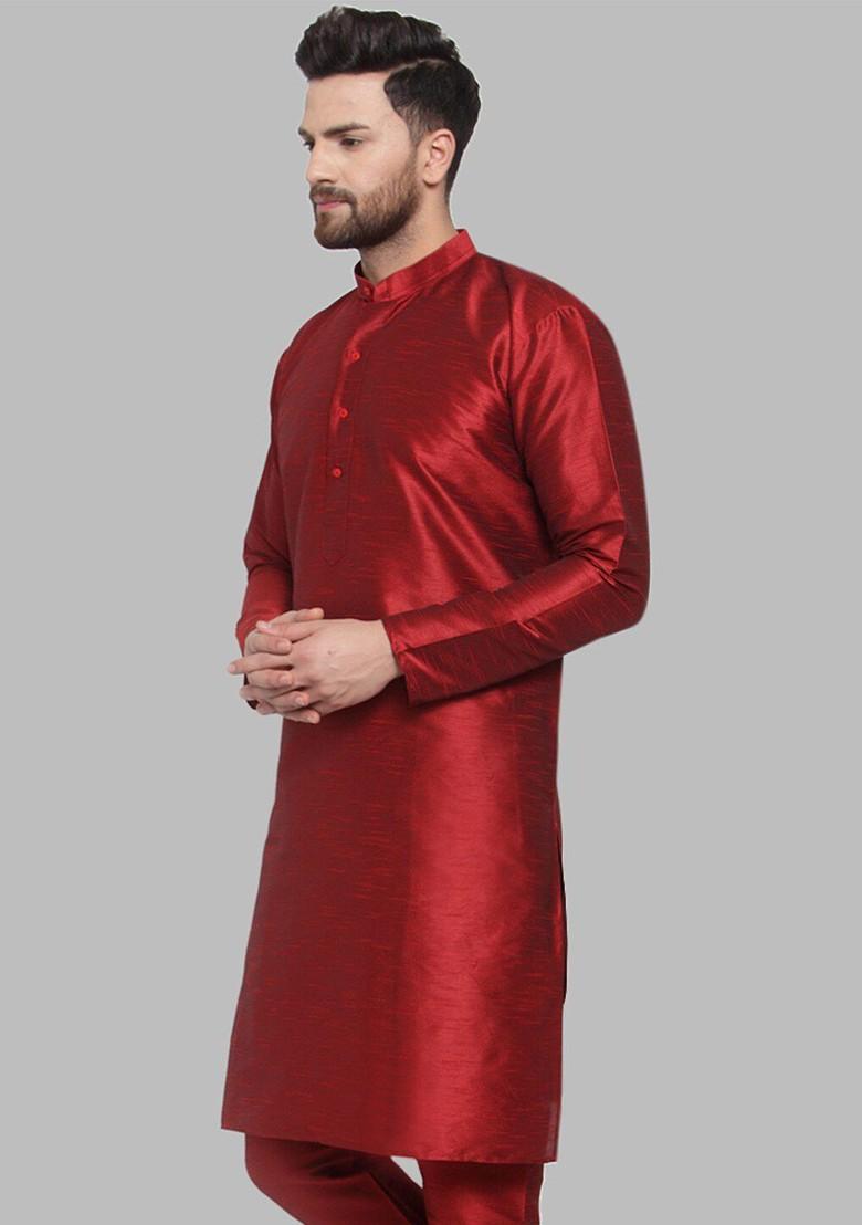 Maroon Embroidered Poly Blend Kurta For Men