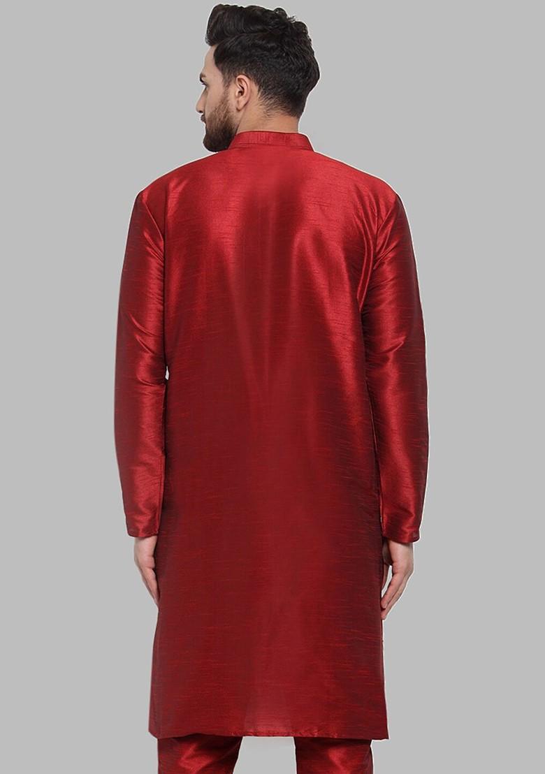 Maroon Embroidered Poly Blend Kurta For Men