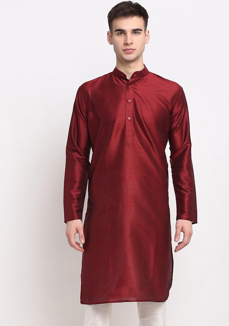 Maroon Embroidered Poly Blend Kurta For Men