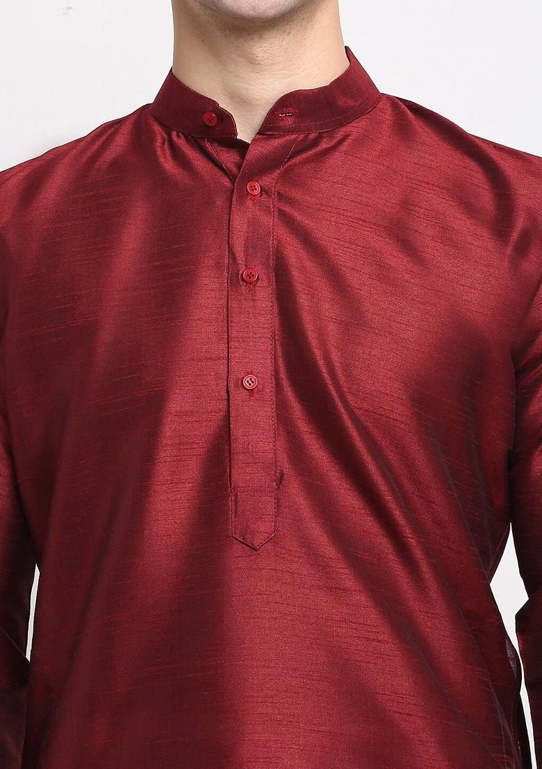 Maroon Embroidered Poly Blend Kurta For Men
