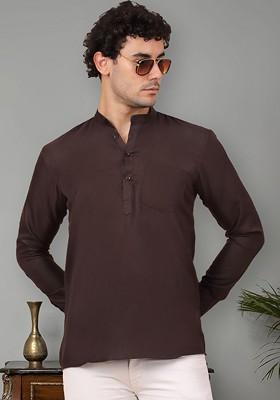 Coffee Brown Embroidered Poly Blend Kurta For Men