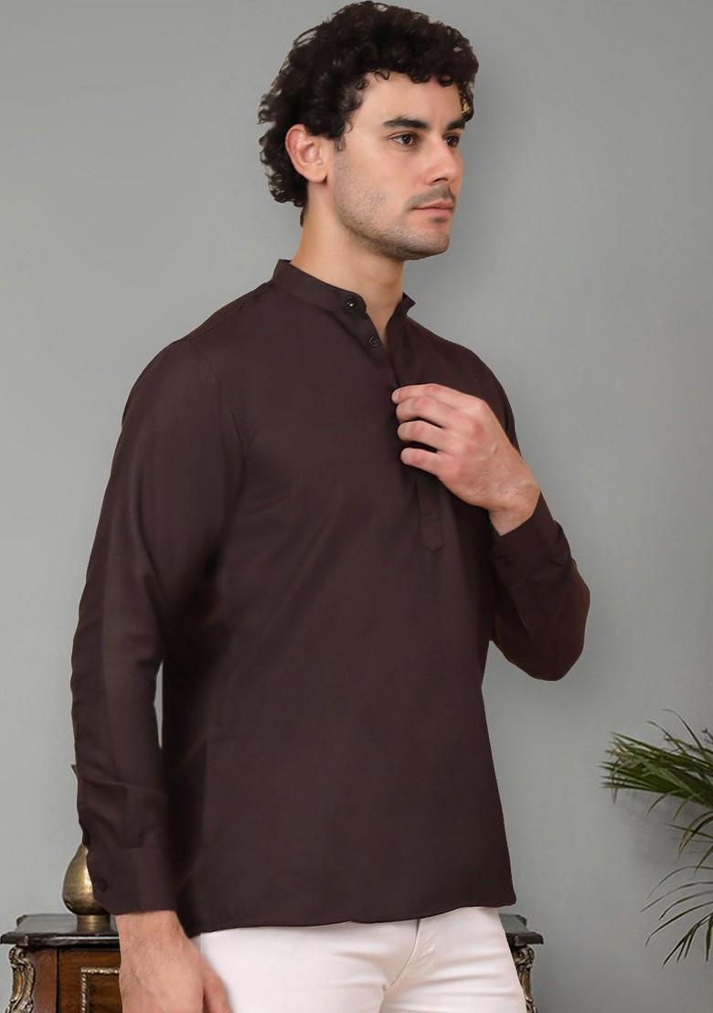 Coffee Brown Embroidered Poly Blend Kurta For Men