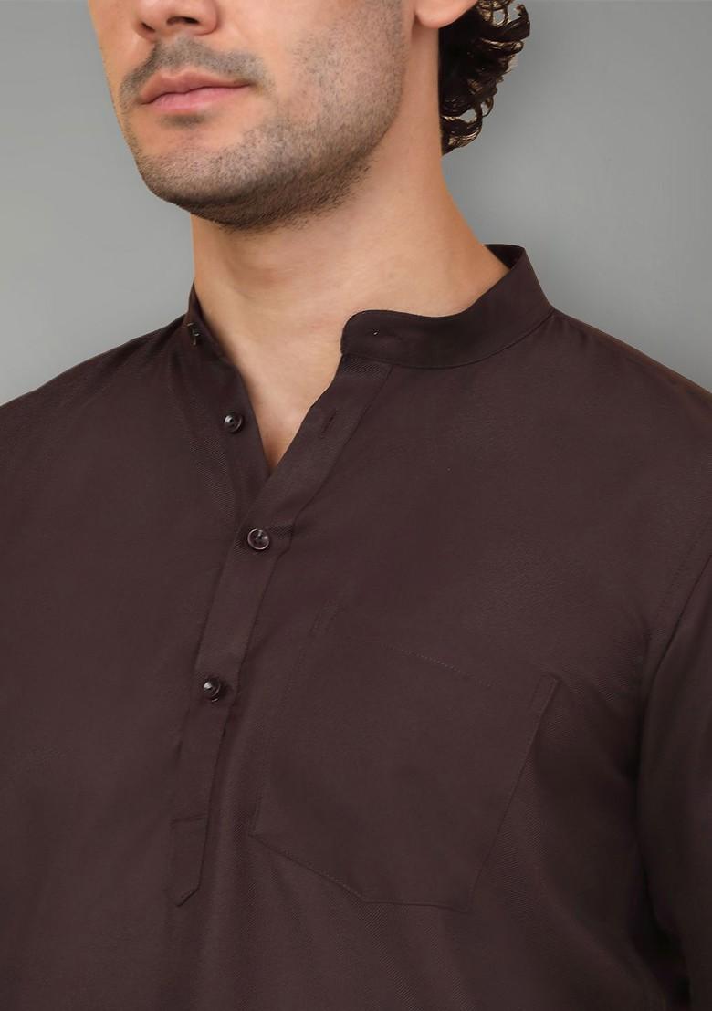 Coffee Brown Embroidered Poly Blend Kurta For Men