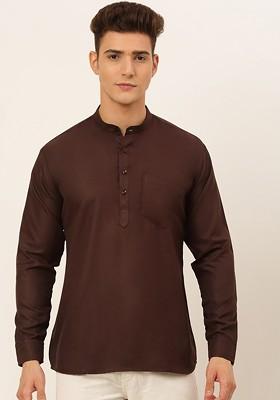 Coffee Brown Embroidered Poly Blend Kurta For Men