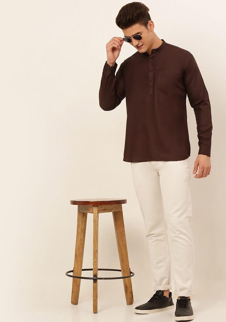 Coffee Brown Embroidered Poly Blend Kurta For Men