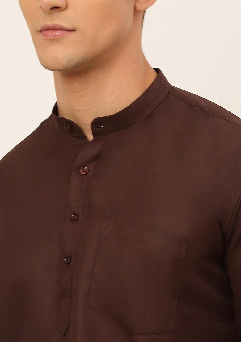 Coffee Brown Embroidered Poly Blend Kurta For Men