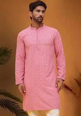 Magenta Embroidered Poly Blend Kurta For Men