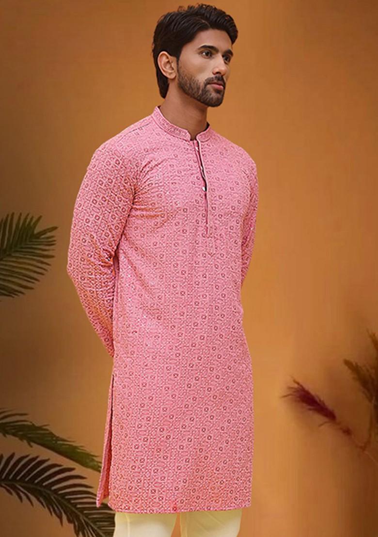 Magenta Embroidered Poly Blend Kurta For Men