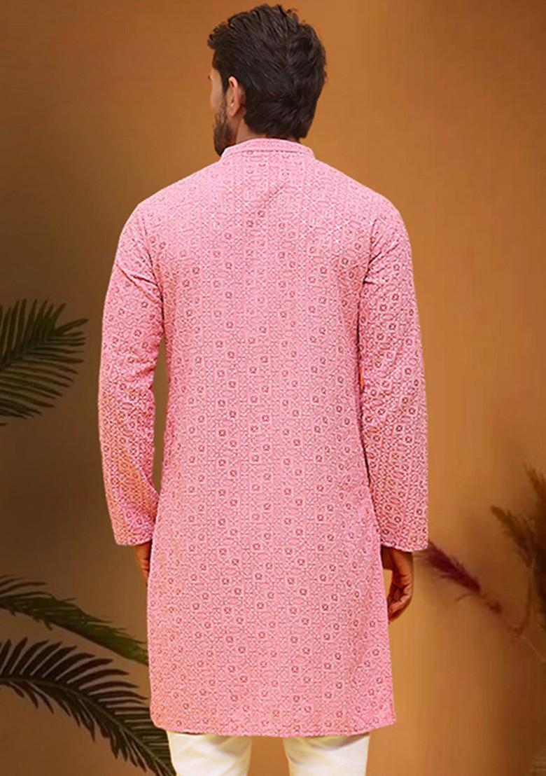 Magenta Embroidered Poly Blend Kurta For Men