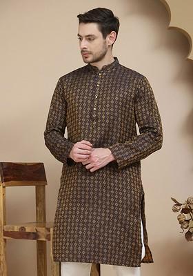 Brown Embroidered Poly Blend Kurta For Men