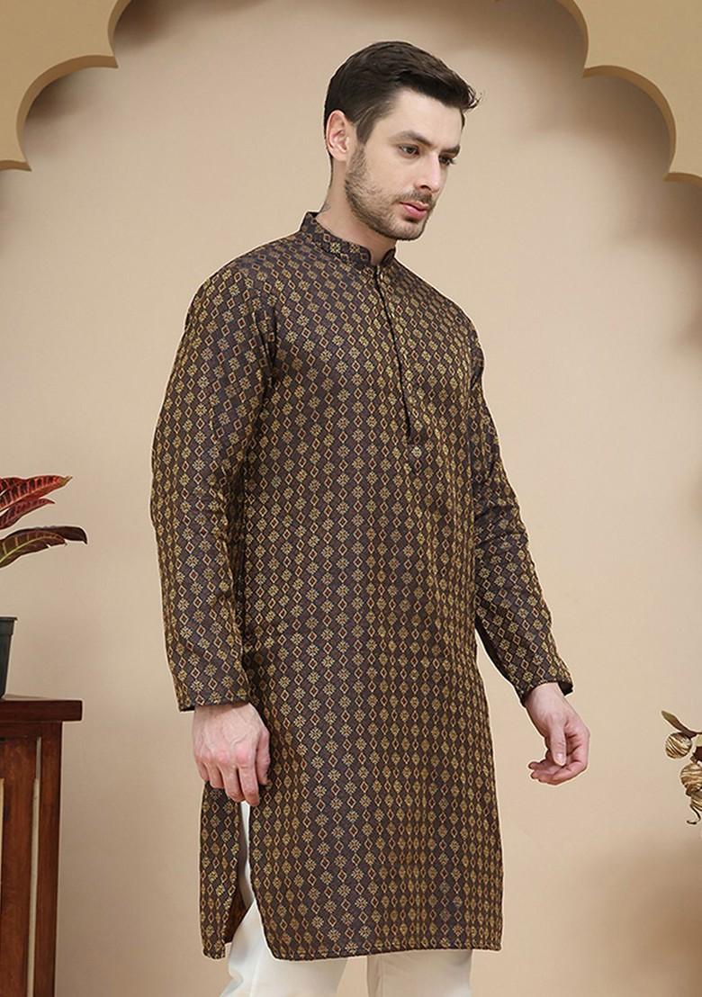 Brown Embroidered Poly Blend Kurta For Men