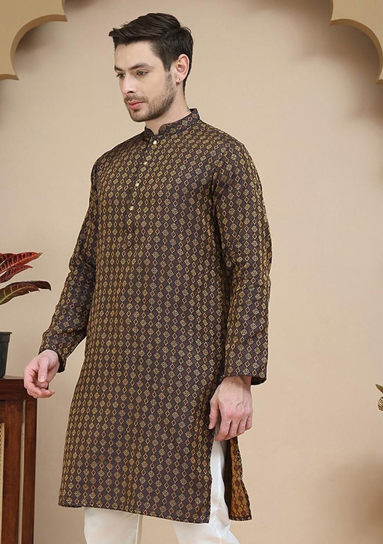 Brown Embroidered Poly Blend Kurta For Men