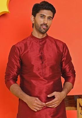 Maroon Embroidered Poly Blend Kurta For Men