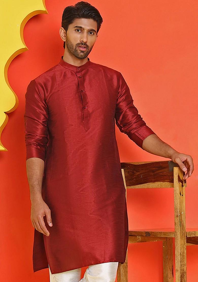 Maroon Embroidered Poly Blend Kurta For Men